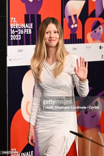 Mia Goth attends the "Infinity Pool" press conference during the 73rd Berlinale International Film Festival Berlin at Grand Hyatt Hotel on February...