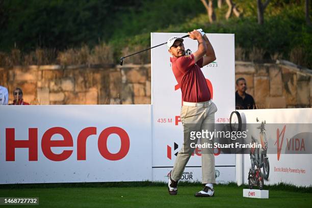 Gaganjeet Bhullar of India tees off on the 10th hole during Day One of the Hero Indian Open at Dlf Golf and Country Club on February 23, 2023 in...