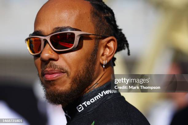 Lewis Hamilton of Great Britain and Mercedes looks on during day one of F1 Testing at Bahrain International Circuit on February 23, 2023 in Bahrain,...