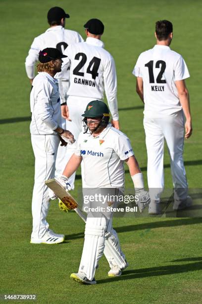 Jarrod Freeman of the Tigers leaves the field after being dismissed during the Sheffield Shield match between Tasmania and Western Australia at...