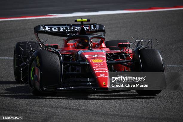 Carlos Sainz of Spain driving the Ferrari SF-23 on track during day one of F1 Testing at Bahrain International Circuit on February 23, 2023 in...