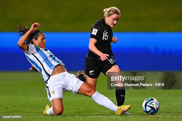 Paige Satchell of New Zealand is tackled by Eliana Stabile of Argentina during the International Friendly Match between New Zealand and Argentina...