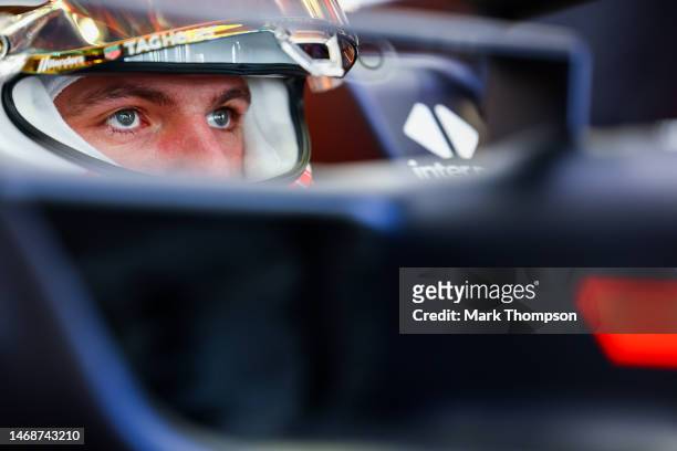 Max Verstappen of the Netherlands and Oracle Red Bull Racing prepares to drive in the garage during day one of F1 Testing at Bahrain International...