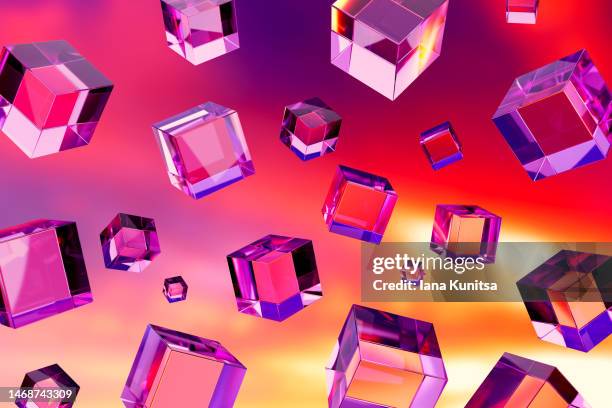 transparent glass multicolored cubes. abstract futuristic sky pink, purple, yellow background. 3d pattern. - skybox stockfoto's en -beelden