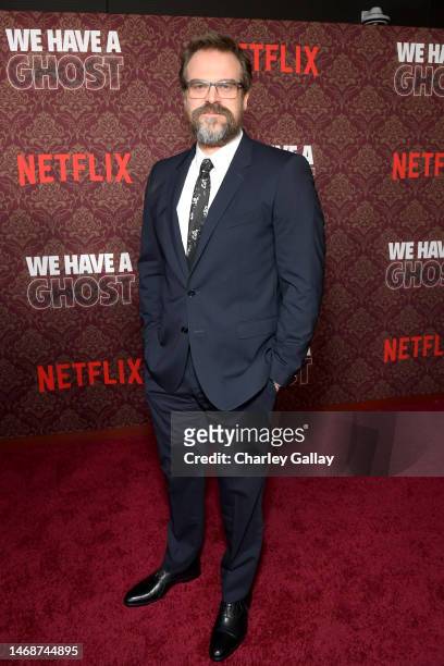 David Harbour attends Netflix's "We Have A Ghost" Premiere on February 22, 2023 in Los Angeles, California.