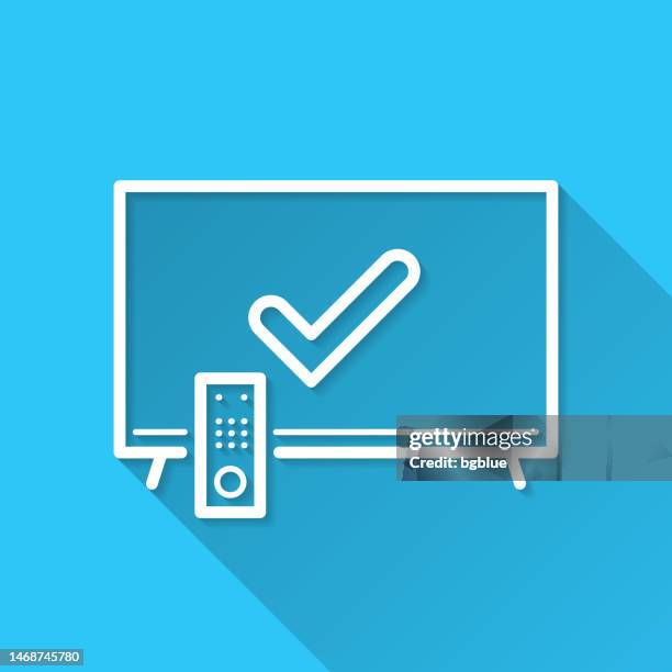 tv with check mark. icon on blue background - flat design with long shadow - remote support stock illustrations