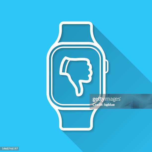 smartwatch with thumbs down. icon on blue background - flat design with long shadow - thumbs down 3d stock illustrations