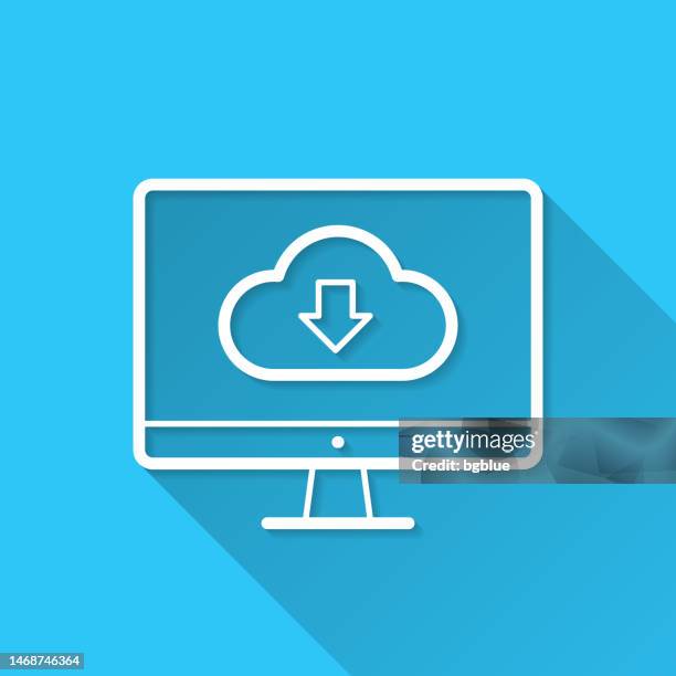 cloud download to desktop computer. icon on blue background - flat design with long shadow - desk top down stock illustrations