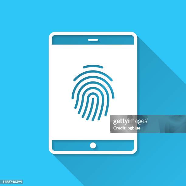tablet pc with fingerprint. icon on blue background - flat design with long shadow - using tablet isolated stock illustrations