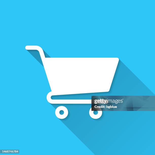 ilustraciones, imágenes clip art, dibujos animados e iconos de stock de carrito. icono sobre fondo azul - diseño plano con sombra larga - shopping cart