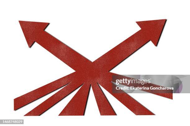 illustration of the concept of a choice option from a variety of options. red arrows cut out of paper - following arrows stock pictures, royalty-free photos & images