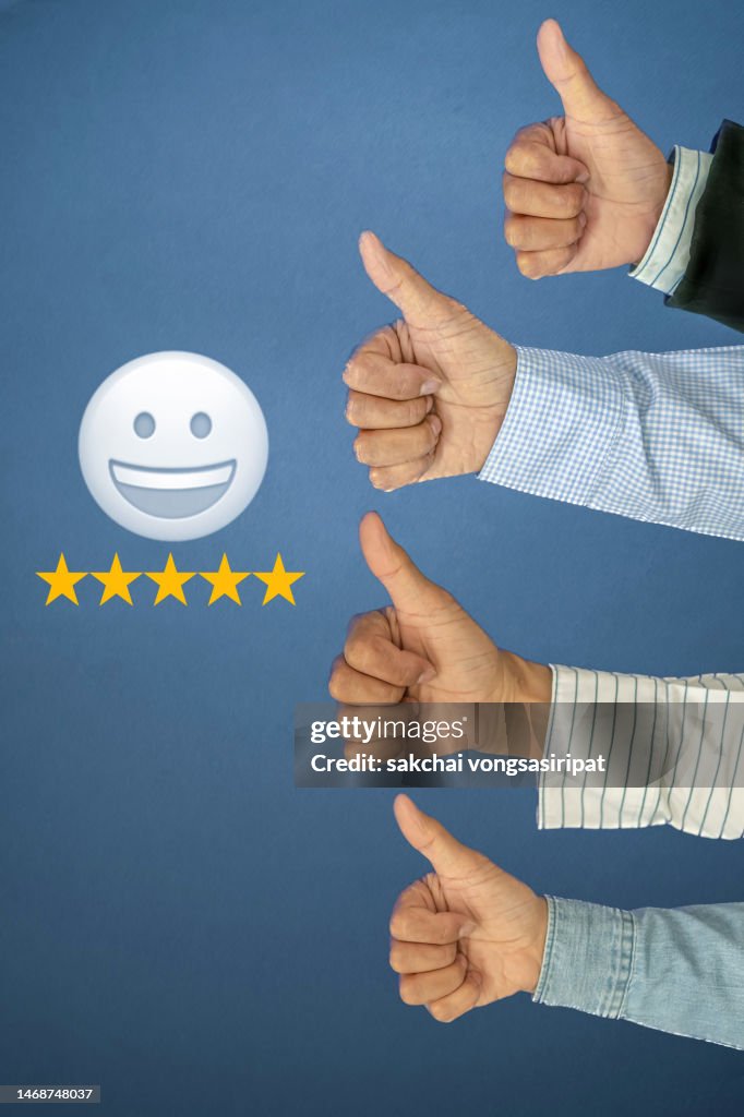 Review, Rating Satisfaction concept, Customer Experience Concept, Concept of excellence, Five stars, Gold stars, Thumbs up