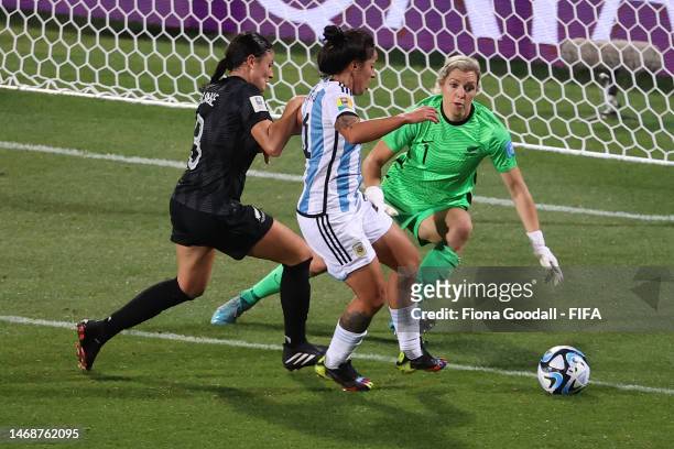 Yamila Rodriguez of Argentina looks to score a goal with Erin Naylor if defence Mduring the International Friendly Match between New Zealand and...