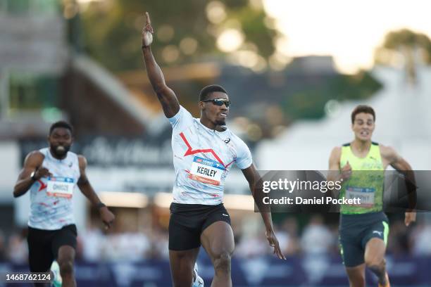 Fred Kerley of the USA celebrates winning the Men 200 Metres Peter Norman during the Maurie Plant Meet at Lakeside Stadium on February 23, 2023 in...