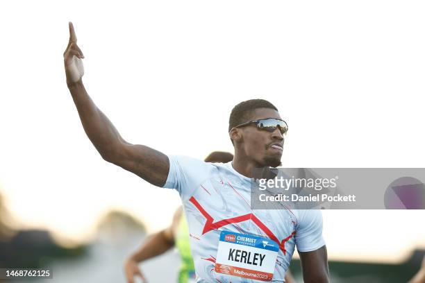 Fred Kerley of the USA celebrates winning the Men 200 Metres Peter Norman during the Maurie Plant Meet at Lakeside Stadium on February 23, 2023 in...
