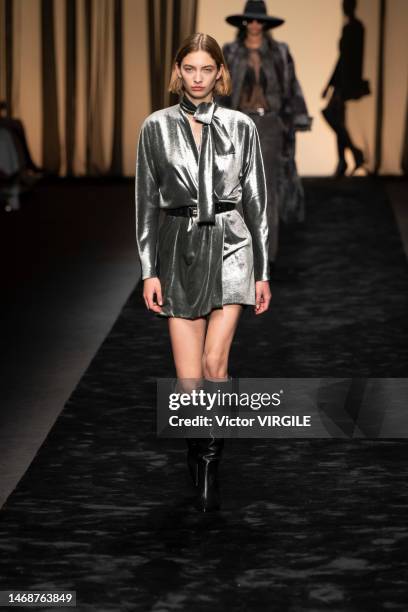 Model walks the runway during the Alberta Ferretti Ready to Wear Fall/Winter 2023-2024 fashion show as part of the Milan Fashion Week on February 22,...