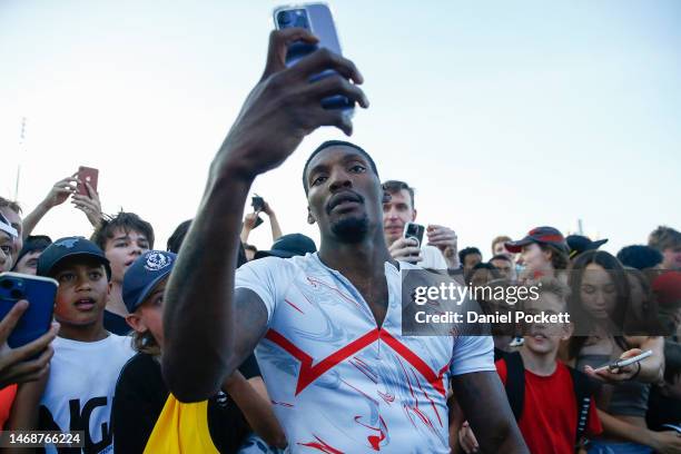 Fred Kerley of the USA greets fans after winning the Men 200 Metres Peter Norman during the Maurie Plant Meet at Lakeside Stadium on February 23,...