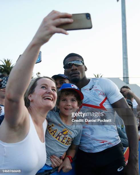Fred Kerley of the USA greets fans after winning the Men 200 Metres Peter Norman during the Maurie Plant Meet at Lakeside Stadium on February 23,...