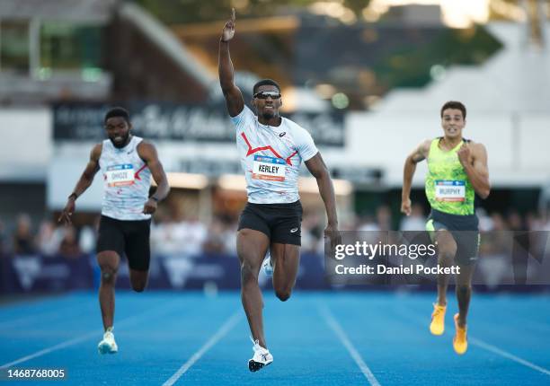 Fred Kerley of the USA celebrates winning the Men 200 Metres Peter Norman during the Maurie Plant Meet at Lakeside Stadium on February 23, 2023 in...