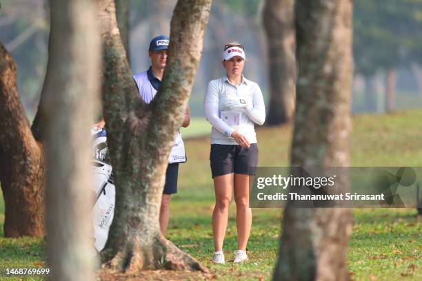 Nanna Koerstz Madsen of Switzerland plays 2nd shot at 10th hole during the first round of the Honda LPGA Thailand at Siam Country Club on February...