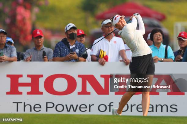 Nanna Koerstz Madsen of Switzerland tees off at 10th hole during the first round of the Honda LPGA Thailand at Siam Country Club on February 23, 2023...