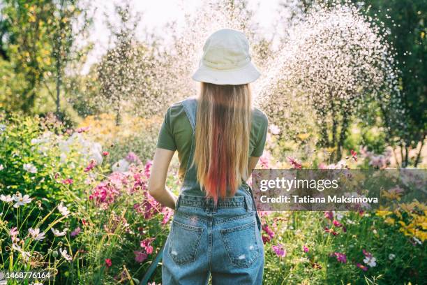 a young woman in a hat and denim overalls is watering flowers with a hose in the garden. - wet hose ストックフォトと画像