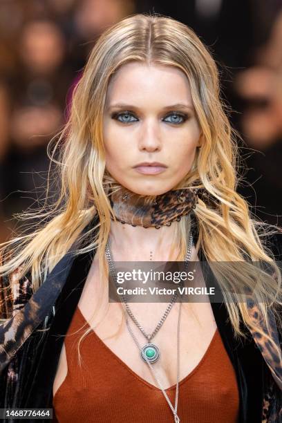 Abbey Lee aka Abbey Lee Kershaw walks the runway during the Roberto Cavalli Ready to Wear Fall/Winter 2023-2024 fashion show as part of the Milan...