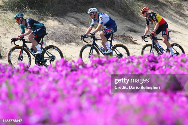 Sam Bennett of Ireland and Team Bora – Hansgrohe, Bert Van Lerberghe of Belgium and Tim Merlier of Belgium and Team Soudal Quick-Step compete during...