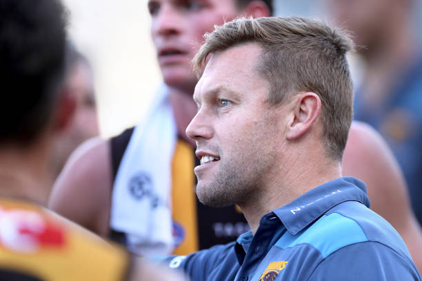 Sam Mitchell, Senior Coach of the Hawks of the Hawks speaks to players during the AFL Match Simulation between Geelong Cats and Hawthorn Hawks at...