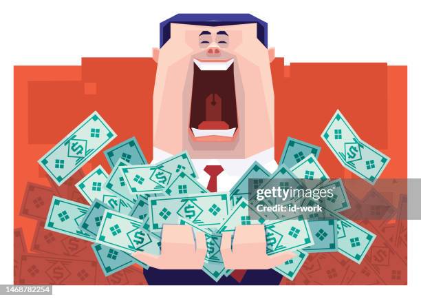 businessman holding pile of money banknotes and cheering - one solution clip art stock illustrations