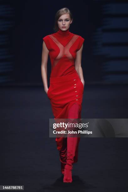 Model walks the runway at the Genny fashion show during the Milan Fashion Week Womenswear Fall/Winter 2023/2024 on February 23, 2023 in Milan, Italy.