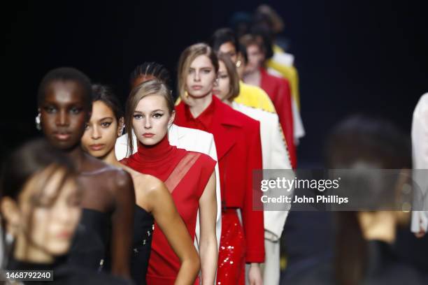 Models walk the runway at the Genny fashion show during the Milan Fashion Week Womenswear Fall/Winter 2023/2024 on February 23, 2023 in Milan, Italy.