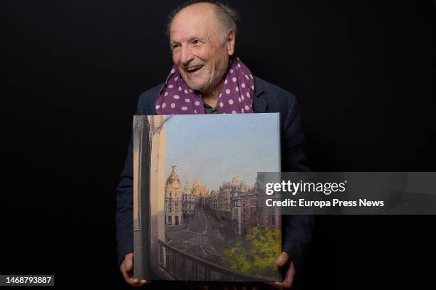 The painter Antonio Lopez poses for Europa Press with one of his paintings, at the Feria de Madrid IFEMA, on 23 February, 2023 in Madrid, Spain....