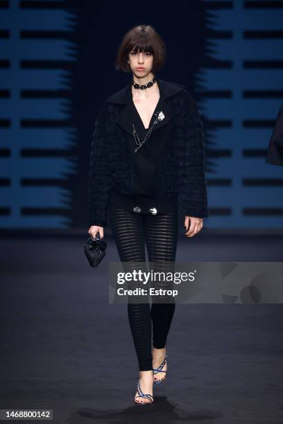 Model walks the runway at the Genny fashion show during the Milan Fashion Week Womenswear Fall/Winter 2023/2024 on February 23, 2023 in Milan, Italy.