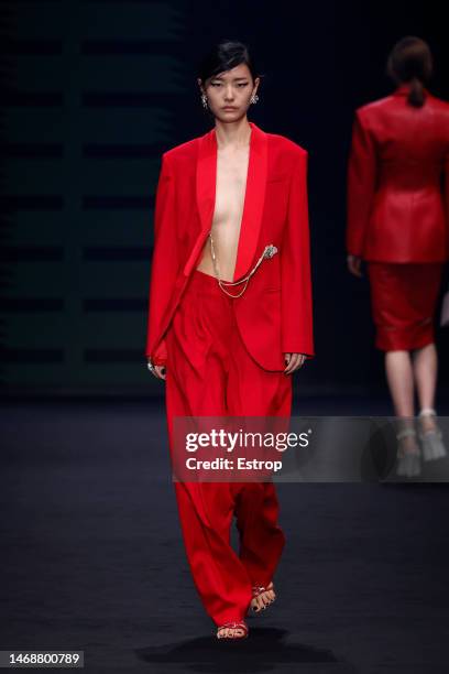 Model walks the runway at the Genny fashion show during the Milan Fashion Week Womenswear Fall/Winter 2023/2024 on February 23, 2023 in Milan, Italy.