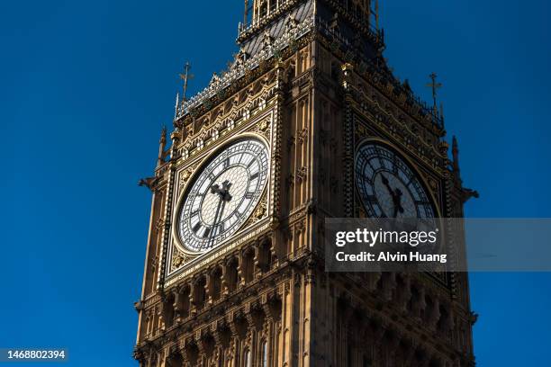 view of london big ben (great bell of the great clock of westminster) in london, england . - turmuhr stock-fotos und bilder