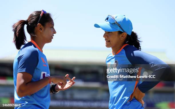 Harmanpreet Kaur and Smriti Mandhana of India interact ahead of the ICC Women's T20 World Cup Semi Final match between Australia and India at...