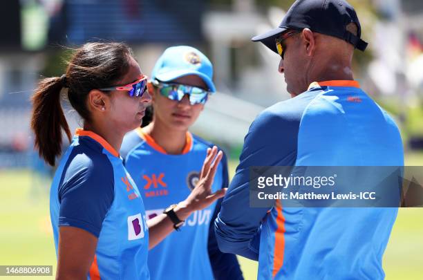 Harmanpreet Kaur and Smriti Mandhana interact alongside Hrishikesh Kanitkar, Head Coach of India ahead of the ICC Women's T20 World Cup Semi Final...