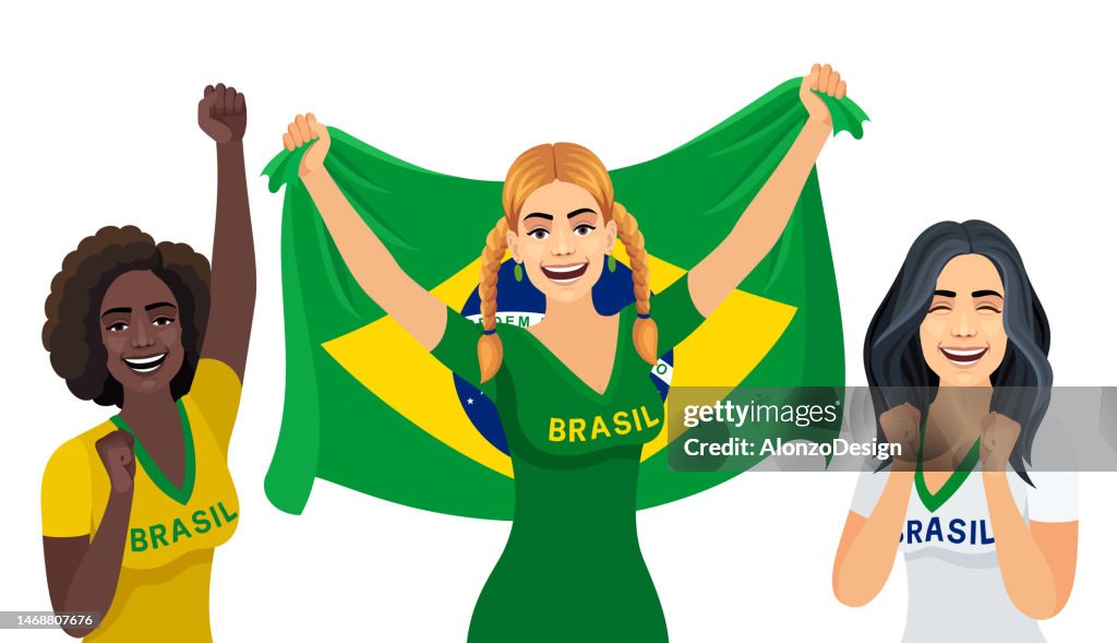 Happy Brazilian fans. Multi-Ethnic Group of Women with Arms Raised and a Flag of Brazil.