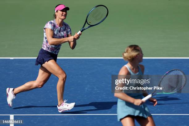 Monica Niculescu of Romania and Kimberley Zimmermann Belgium in action against Desirae Krawczyk of the USA and Demi Schuurs Netherlands during their...