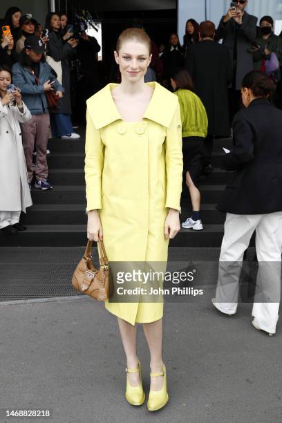 Hunter Schafer is seen arriving at the Prada fashion show during the Milan Fashion Week Womenswear Fall/Winter 2023/2024 on February 23, 2023 in...