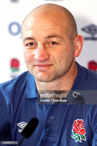 England Head Coach, Steve Borthwick talks during a press conference at Pennyhill Park on February 23, 2023 in Bagshot, England.