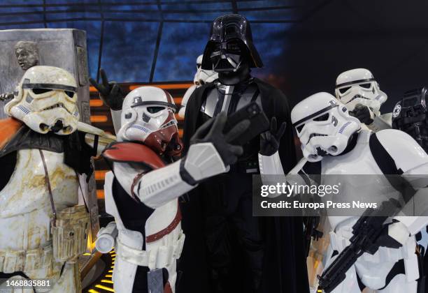 White helmets of the stormtroopers of the Galactic Empire, at the opening of the largest exhibition of the Star Wars Universe, at the Centro de Artes...