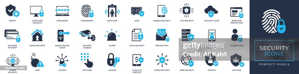 Sicherheitssymbole gesetzt. Enthält Web-Sicherheit, Fingerabdruck, Überwachungskamera, Privatbenutzer, Alarm und solidere Symbolsammlung. Vektordarstellung. Für Website-Design, Logo, App, Vorlage, Benutzeroberfläche usw.
