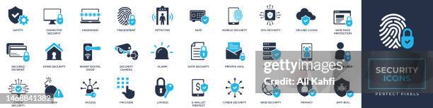 ilustraciones, imágenes clip art, dibujos animados e iconos de stock de iconos de seguridad establecidos. contiene seguridad web, huella digital, cámara de seguridad, usuario privado, alarma y colección de iconos más sólidos. ilustración vectorial. para diseño de sitios web, logotipo, aplicación, plantilla, interfaz de - ransomware