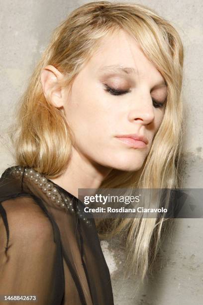 Leila Goldkuhl Masterson poses backstage at the N21 fashion show during the Milan Fashion Week Womenswear Fall/Winter 2023/2024 on February 22, 2023...