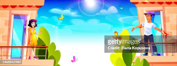 a young couple in love on the balcony of a house with butterflies against the backdrop of a sunny summer landscape. creative illustration in cartoon style. - private property stock illustrations