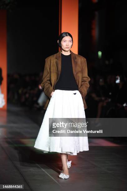 Model walks the runway at the Prada fashion show during the Milan Fashion Week Womenswear Fall/Winter 2023/2024 on February 23, 2023 in Milan, Italy.