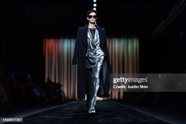 Model walks the runway at the Alberta Ferretti fashion show during the Milan Fashion Week Womenswear Fall/Winter 2023/2024 on February 22, 2023 in...