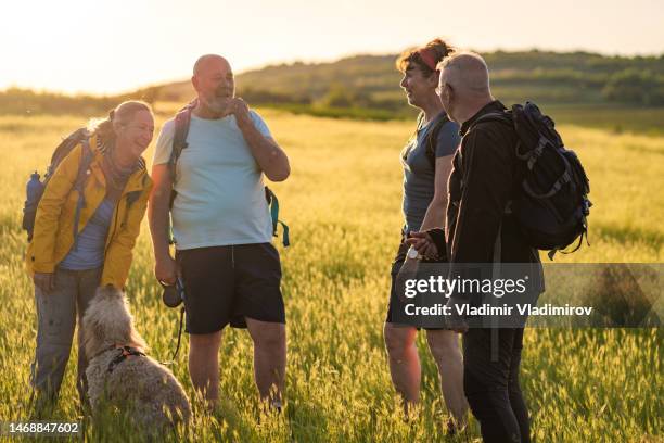 four pensioners taking a break from their hike - middle age man and walking the dog stock pictures, royalty-free photos & images